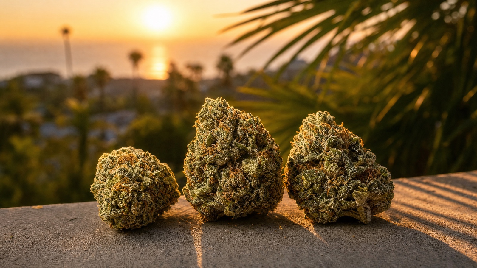 Cime di cannabis dense e resinose nella luce dorata della sera con ombre di palme su cemento caldo