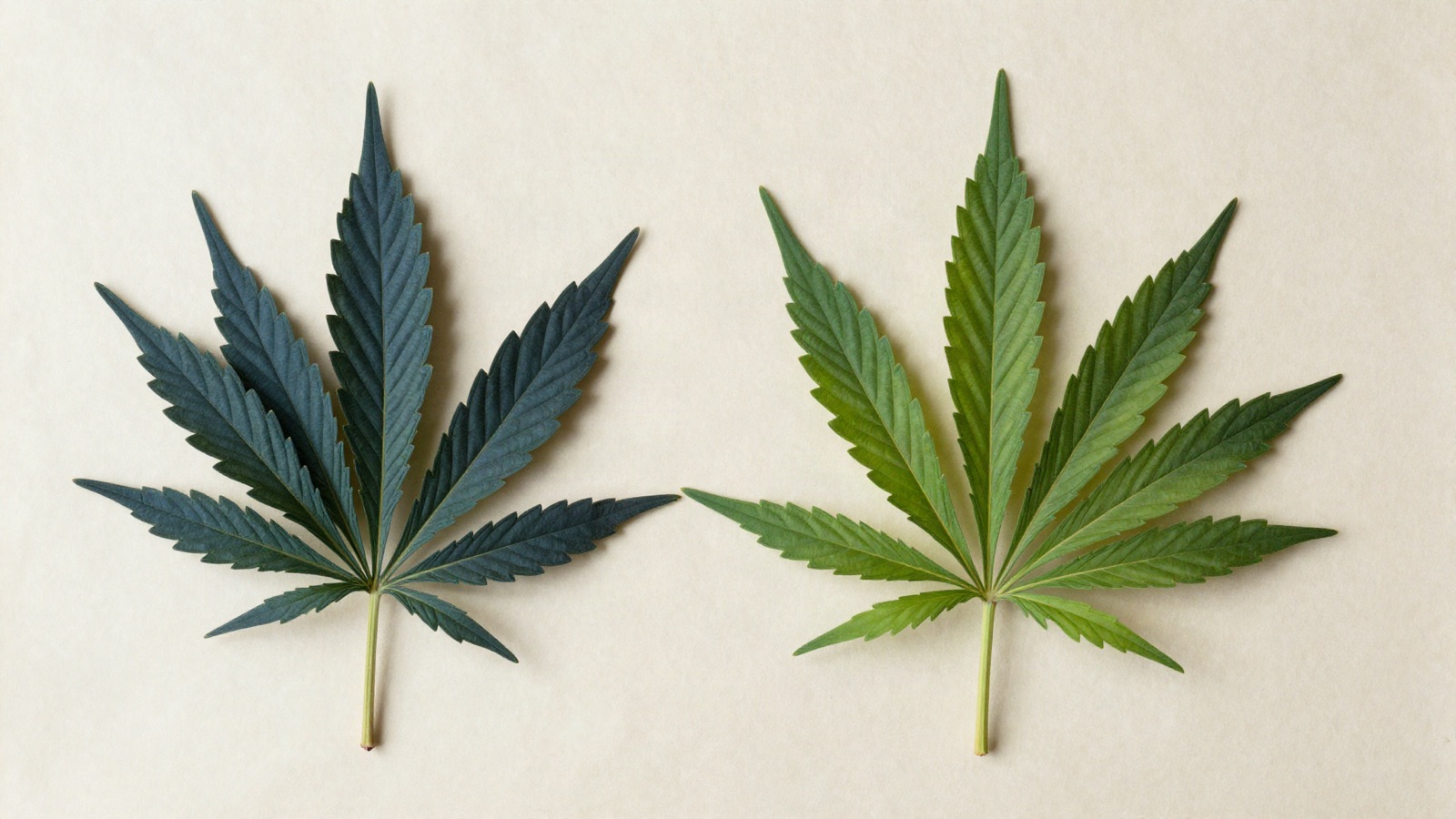 Indica and sativa leaf compared: broad dark leaf on the left, narrow light leaf on the right