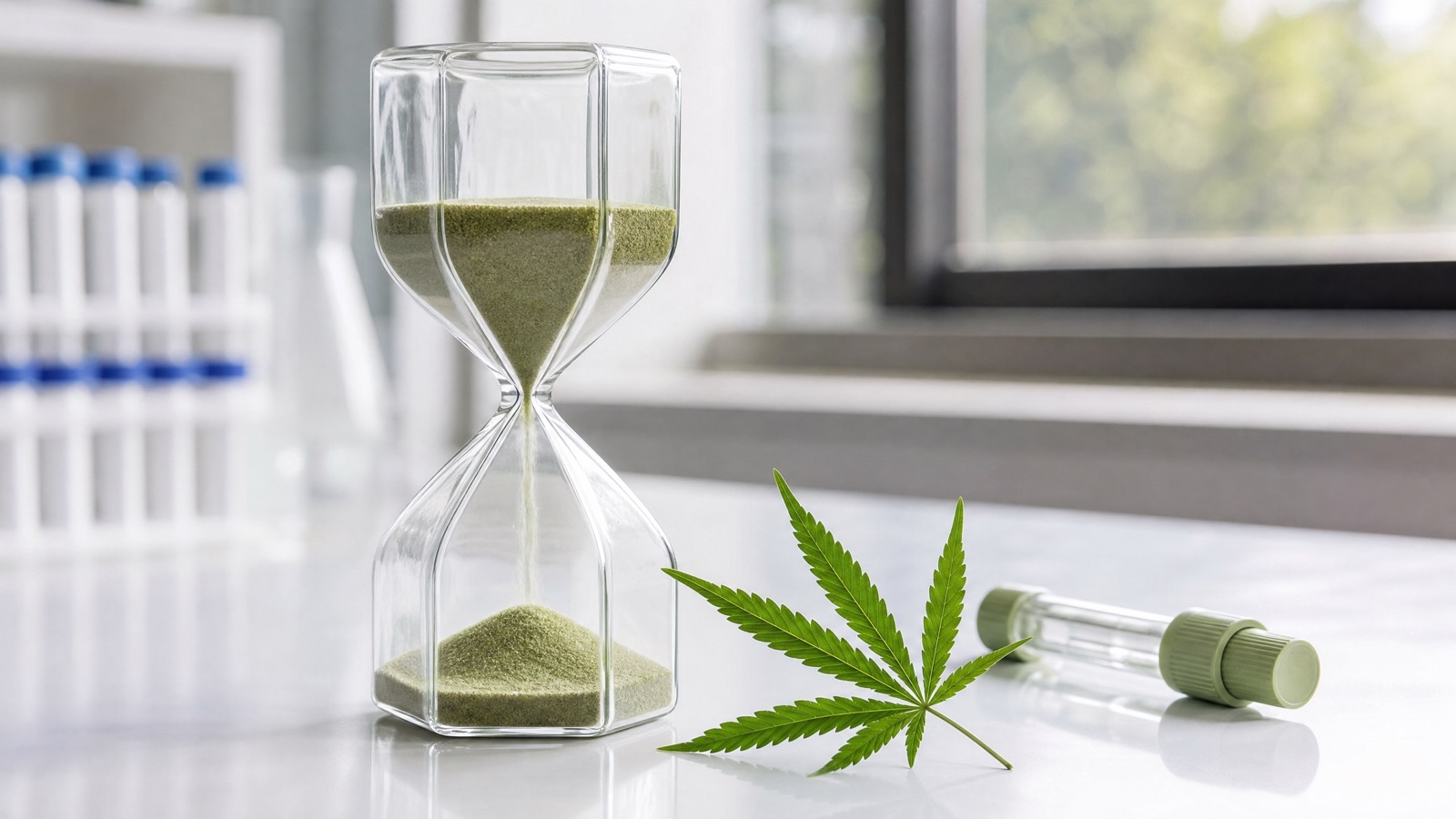 Hourglass with green sand next to a cannabis leaf and a sample tube on a laboratory bench