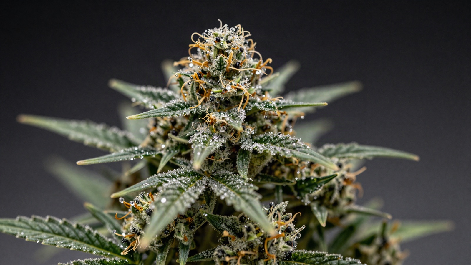 Makroaufnahme einer Cannabisblüte mit sichtbaren, harzigen Trichomen